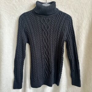 Jeanne Pierre Gray Turtleneck Sweater Cotton Chunky Cable Knit Fisherman Small